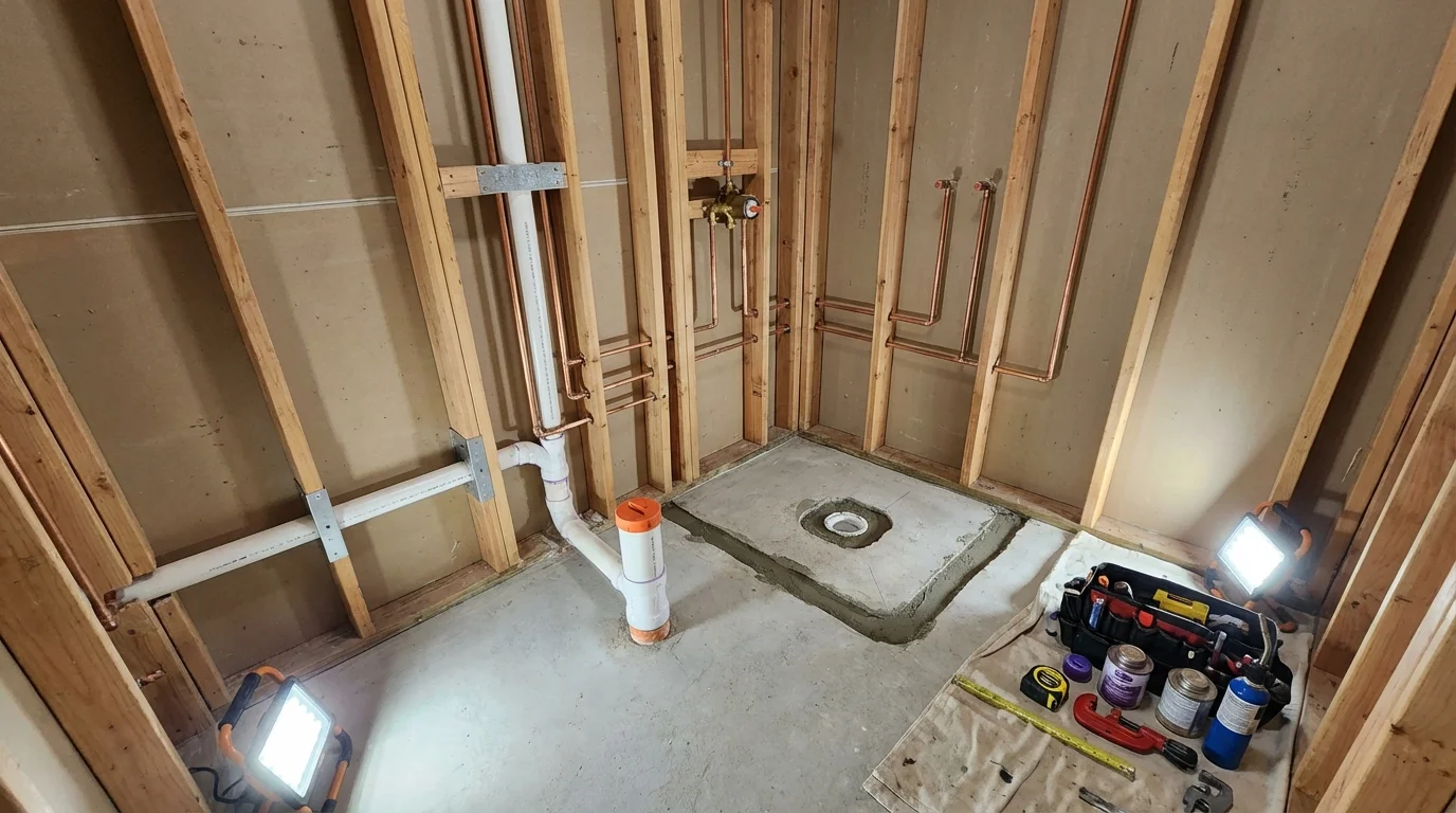 Bathroom rough-in plumbing during remodel by Johns Plumbing LLC in Northborough