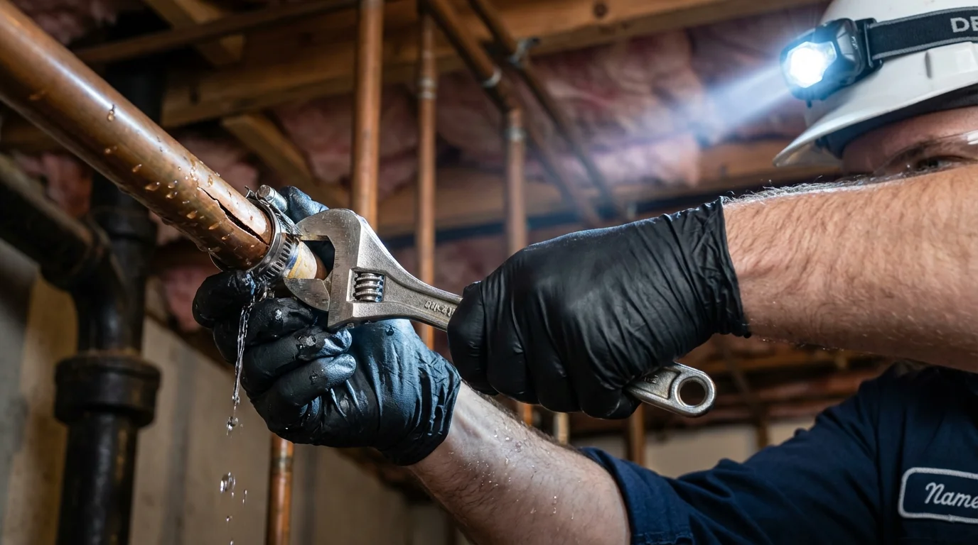 Emergency pipe clamp repair being performed by a Johns Plumbing LLC plumber in Northborough